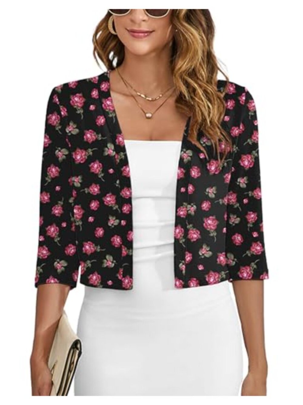 Double Ruffled 3/4 Sleeve Open Front Crochet Shrug Cardigan for Dresses